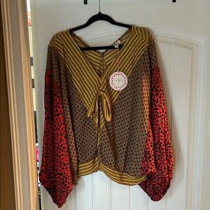 Umgee Brown and Yellow Polka Dot Blouse with Red Sleeves